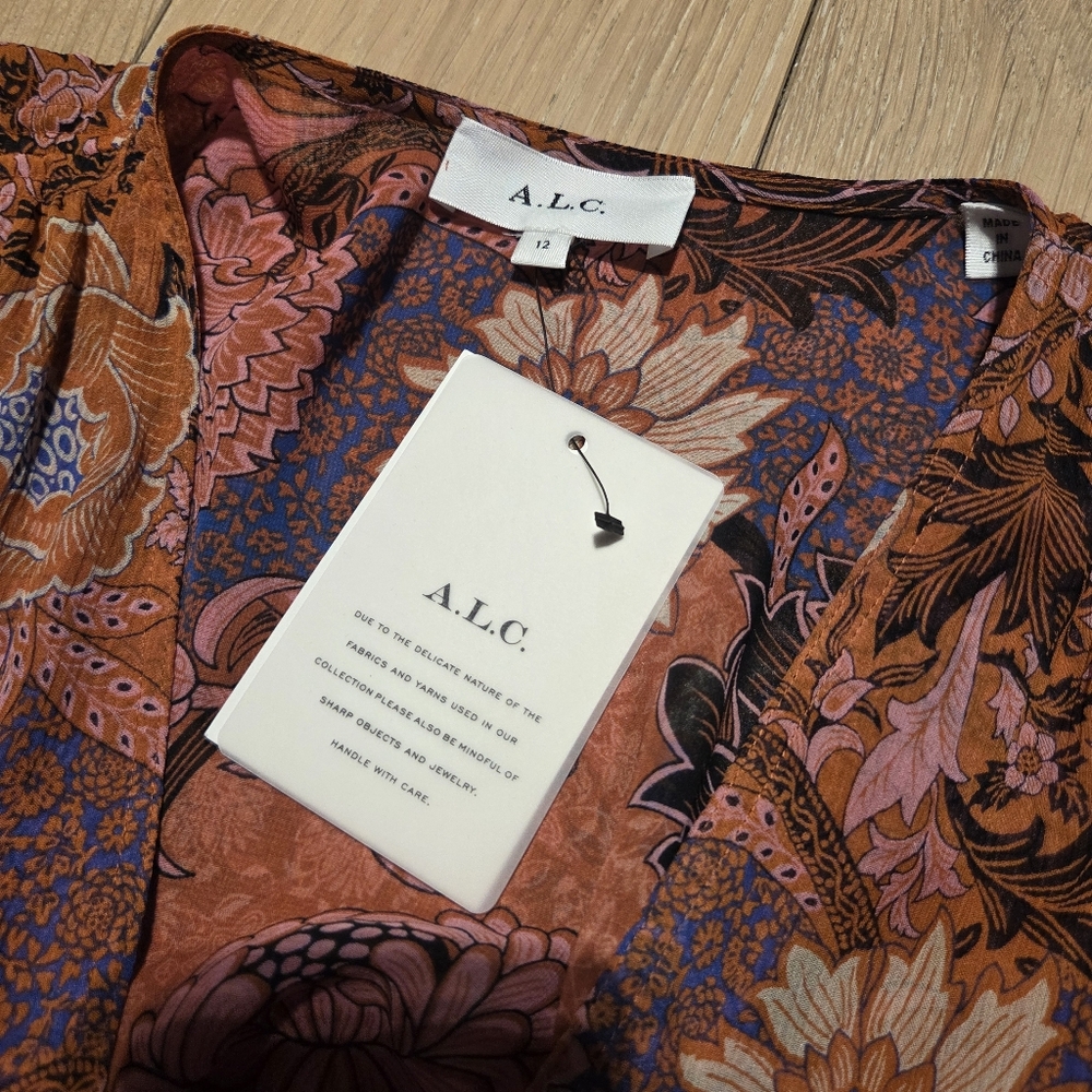 A.L.C. Isabelle Silk Floral Maxi Dress NWT, Long Sleeves, Cutout Midriff Size 12 - Picture 8 of 9